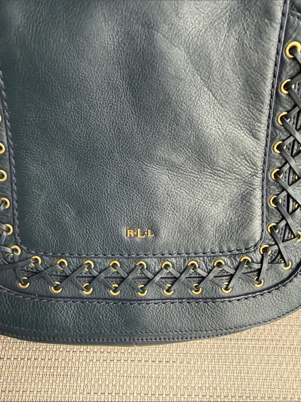 Lauren Ralph Lauren Ashfield Amari Saddle Leather Tassel bag Navy gold grommet